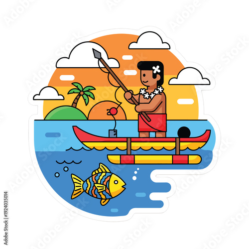 Man Fishing from Canoe in Tropical Ocean at Sunset View