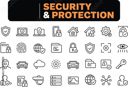 Security and protection line icons set, cybersecurity data privacy shield lock cloud network safety outline vector collection for digital system defense