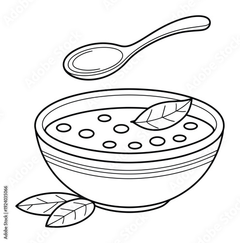 Bowl of Tea with Leaves Line Art Vector Illustration