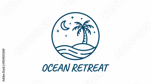 This logo creatively combines a palm tree, ocean waves, and a crescent moon, representing relaxation and vacation vibes ideal for an ocean retreat business.