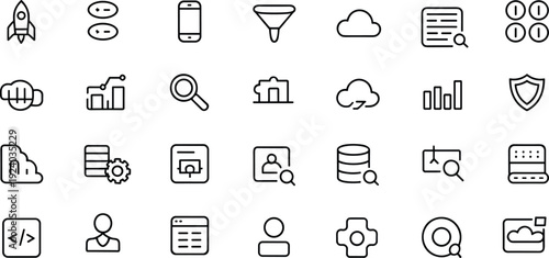 Web development and cloud computing icon set, coding analytics database security mobile app outline vector illustration isolated on light background