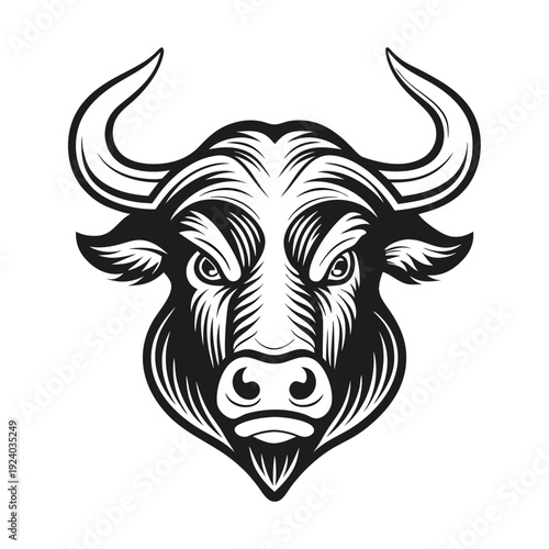 Powerful bull showcases bold black design with prominent horns on a white backdrop