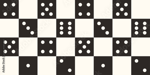 Checkered dice seamless pattern background in black and white colors. retro dice symbol textured print for casino gambling, board game themed designs.