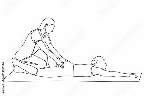 Line drawing depicting a person giving another a back massage