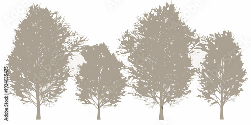 Four stylized trees with dense foliage in a neutral tone