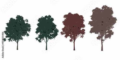 Four trees in varying shades of green red and brown hues
