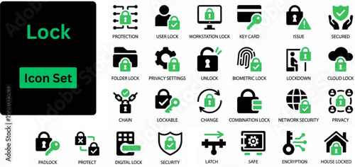 Silhouette vector of Lock icon set. Icons of padlock, security, unlock, lock document, secured, biometric, chain, protect and secure. Solid icons set.