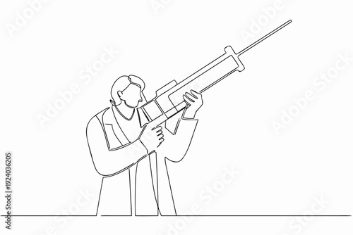 Line drawing of a doctor holding a large syringe for injection