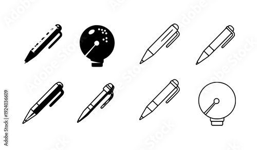 Office Ballpoint Pen Icons Set – Flat and Outline Vector on Transparent Background