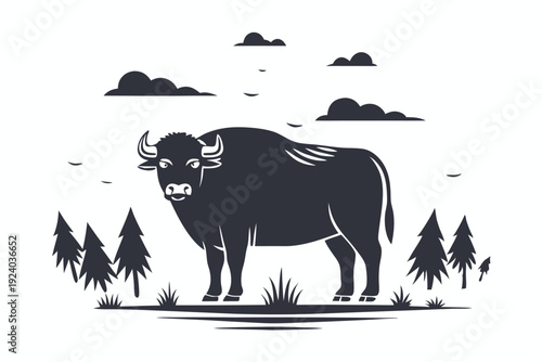 Monochrome art presents a large spotted cow standing confidently on grassy ground