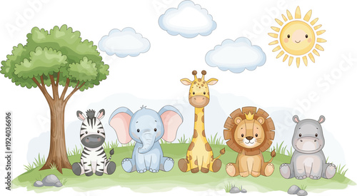 Cute watercolor baby safari animals zebra elephant giraffe lion hippo with tree sun clouds and grass nursery illustration