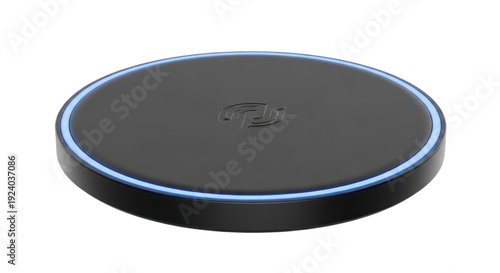 Technology: Photo-realistic Black Wireless Charging Pad with Glowing Blue LED Ring. Sleek Inductive Charger for Smart Electronic Devices.