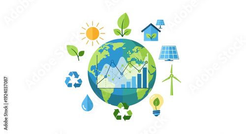 Global Green Economy and Sustainable Development Progress Chart with Renewable Energy and Environmental Icons