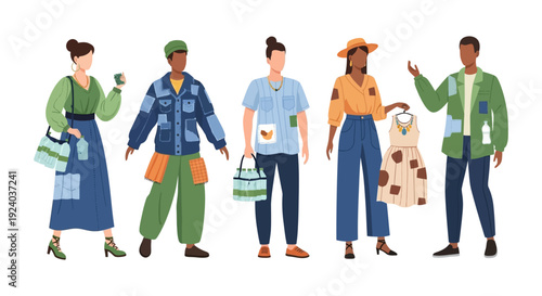 Diverse People Showcasing Sustainable and Upcycled Fashion. Group Demonstrates Eco-Friendly Style with Repurposed Clothes and Accessories.
