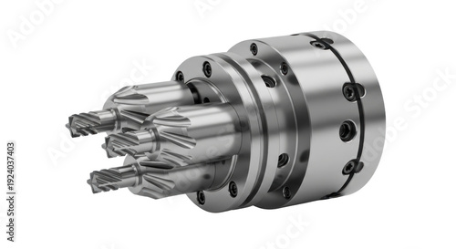 Photo-realistic 3D render of a precision industrial multi-tool head with various cutting bits, used in CNC machining and manufacturing engineering