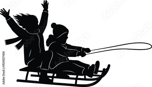 Black silhouette of two children on a sled winter