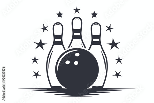 Black and white bowling ball ready to strike five pins arranged neatly
