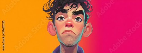 Exaggerated Cartoon Portrait with Smooth Shading and Unique Facial Features on Colorful Background