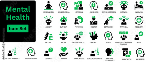 Silhouette vector of Mental Health icon set. Icons of emotions, therapy, stress, relaxation, calmness, and spiritual balance. Solid icons set.