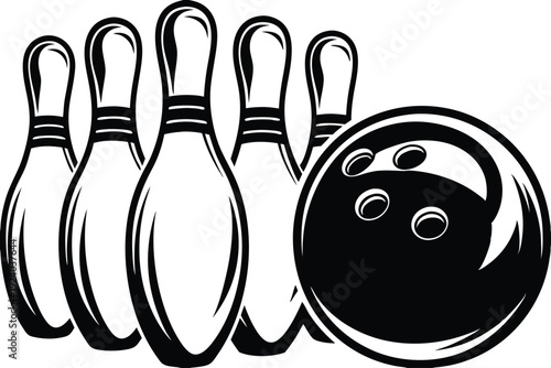 Black and white bowling ball ready to strike five pins arranged neatly