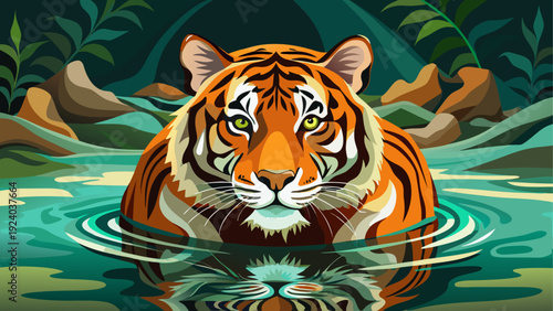 Tiger swimming in water with reflection