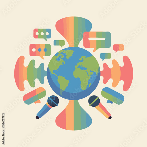 Colorful globe surrounded by microphones and speech bubbles globe