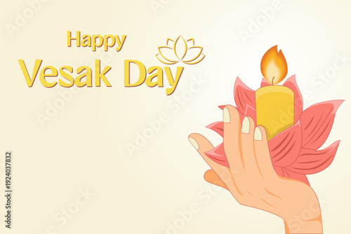 Happy Vesak Day Background Design for Greeting Card with Lotus and Lighted Candle