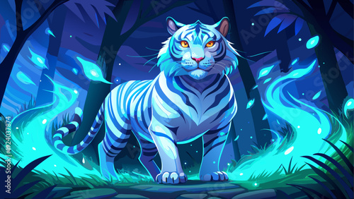 White tiger walking in a blue forest art