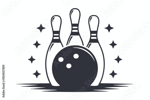 Black and white bowling ball ready to strike five pins arranged neatly