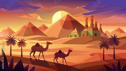Camels walking through desert pyramids