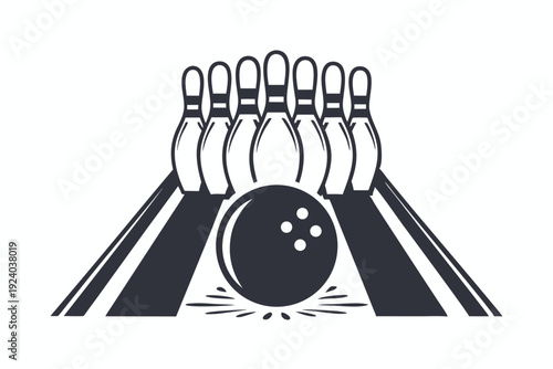 Black and white bowling ball ready to strike five pins arranged neatly
