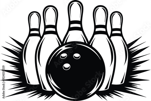 Black and white bowling ball ready to strike five pins arranged neatly