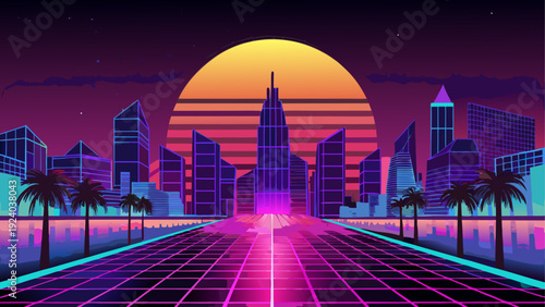 Retro city skyline with sunset and palms