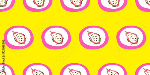 Cartoon Dragon Fruit Seamless Pattern Background. Vibrant Retro Wrapping Paper Print. Colorful Party Wallpaper Design. Fashionable Bold Textile Print. Funny Festive Fabric. Happy Holiday Art