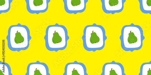 Cartoon Pear Fruit Seamless Pattern Background. Vibrant Retro Wrapping Paper Print. Colorful Party Wallpaper Design. Fashionable Bold Textile Print. Funny Positive Festive Fabric. Happy Holiday Art