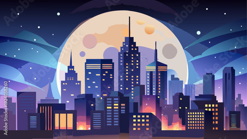 Cityscape silhouette with full moon night