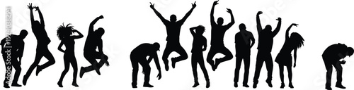Black silhouettes of people dancing and celebrating on white background