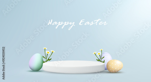 3D vector illustration of white cylinder podium with pastel Easter eggs and daisy flowers on blue background. Concept for Happy Easter spring holiday sale promotion product display banner template.