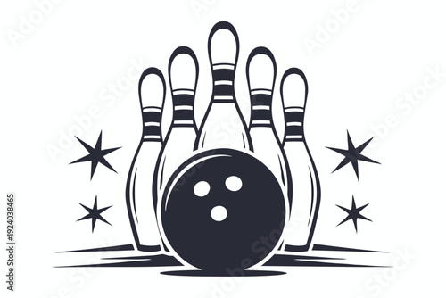 Black and white bowling ball ready to strike five pins arranged neatly