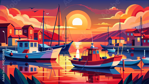Boats docked at sunset in coastal village