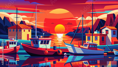 Boats docked at sunset by the buildings