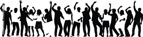 Black silhouettes of people dancing and celebrating with raised hands