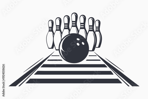 Black and white bowling ball ready to strike five pins arranged neatly