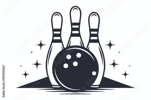 Black and white bowling ball ready to strike five pins arranged neatly
