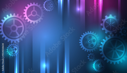 Abstract background with glowing gears and gradient blue-purple tones, symbolizing teamwork, engineering, automation, and industrial technology in a modern digital style.