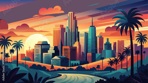 Cityscape with palms at sunset landscape