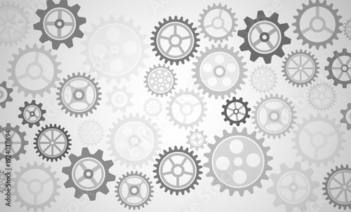 Interlocking gears in grayscale tones, symbolizing teamwork, engineering, industry, and mechanical processes in a clean, modern industrial design.