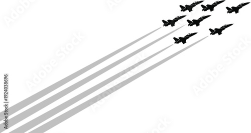 Black fighter jets flying in formation with smoke trails against a white background formation flight