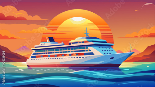 Cruise ship sailing at sunset illustration