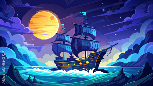 A ship sails under the moonlight at night